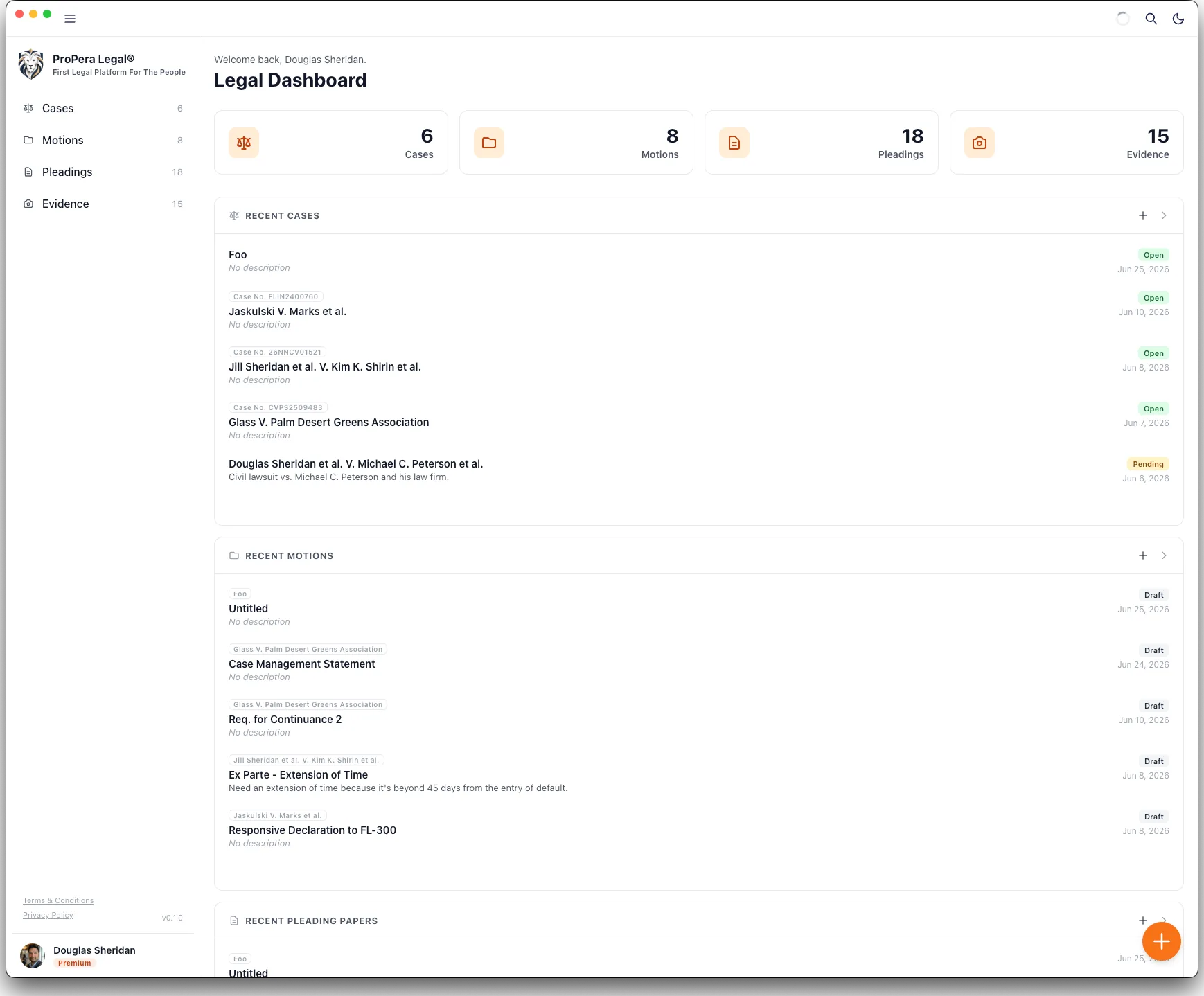ProPera Legal desktop app dashboard
